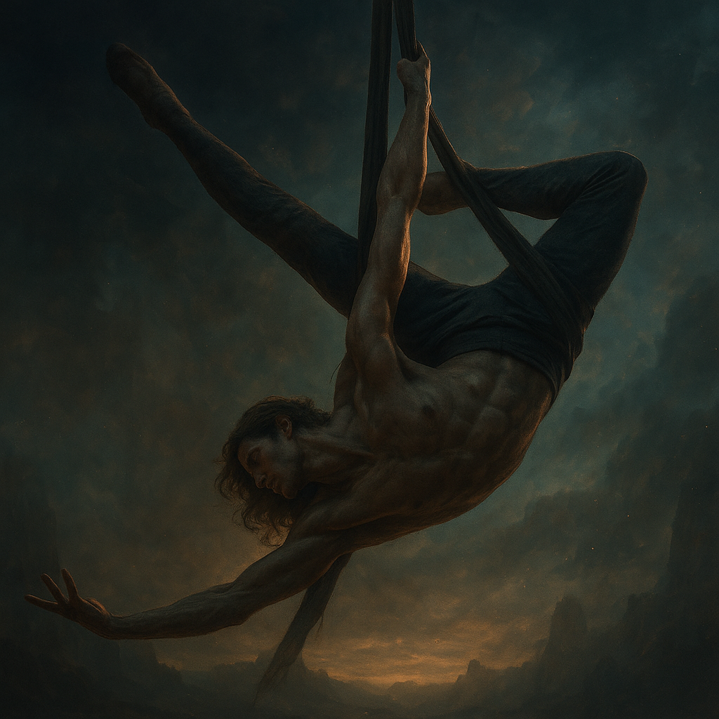 a painting of a man hanging upside down