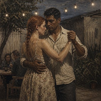 an original couple dancing under string lights in a garden at dusk: a man with short black hair in a linen shirt and a woman with braided red hair in a summer dress