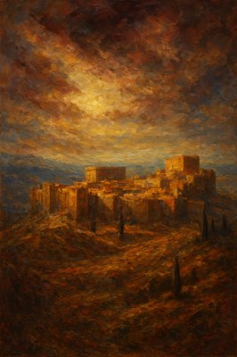 a painting of a city on a cloudy day