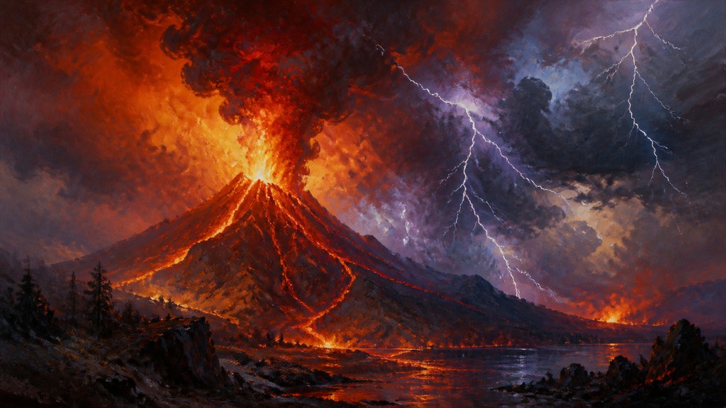 an erupting volcano with lightning strikes, dramatic wide composition, no text
