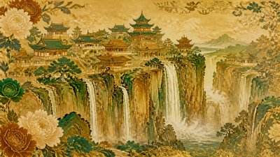 a cliffside city with waterfalls cascading into a misty canyon, wide establishing shot, no people, no text