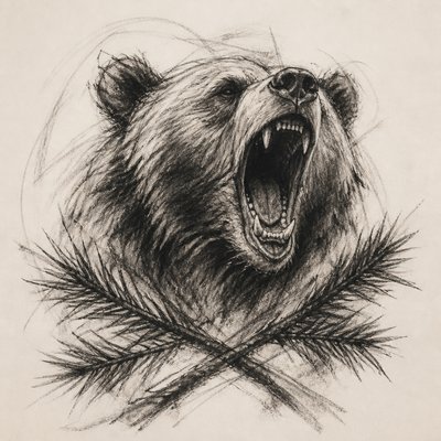 a roaring bear head above crossed pine branches, bold graphic composition on a plain background, no text