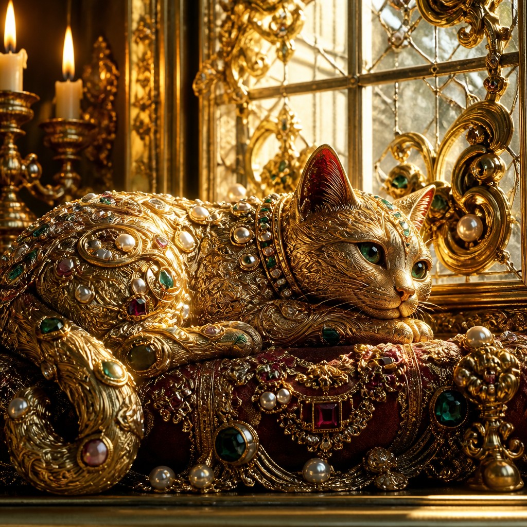 a cat lounging in a sunlit window — Baroque Jewelry Style