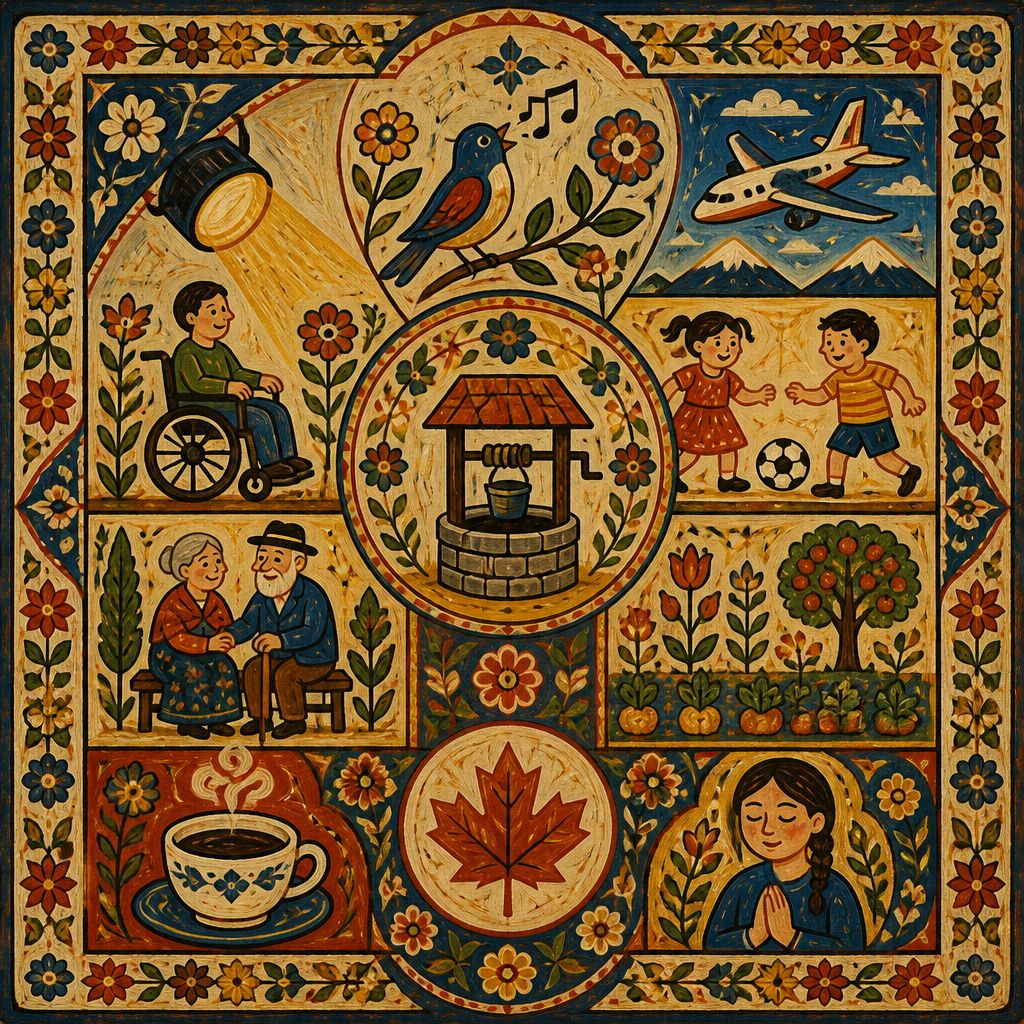 representation of a disabled person, children, elderly, gardens and grounds, a well, a coffee cup, a bird singing, a stage light, an airplane, a soccer ball, prayer, maple leaf