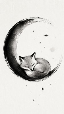 a sleeping baby fox curled on a crescent moon among soft stars, gentle and warm, no text