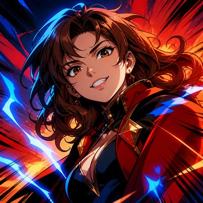 head-and-shoulders portrait of an original character: a young woman with wavy chestnut hair and a warm smile, plain soft backdrop