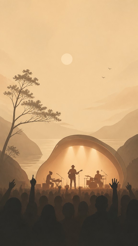 a live music scene with a glowing stage and silhouetted crowd, energetic vertical composition with open space at the top, no text