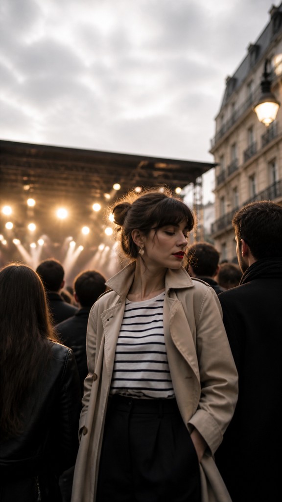 a live music scene with a glowing stage and silhouetted crowd, energetic vertical composition with open space at the top, no text