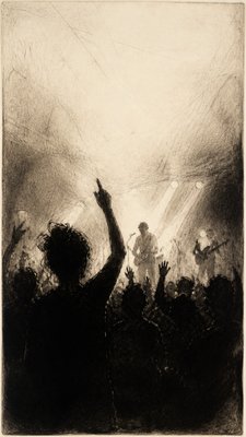 a live music scene with a glowing stage and silhouetted crowd, energetic vertical composition with open space at the top, no text