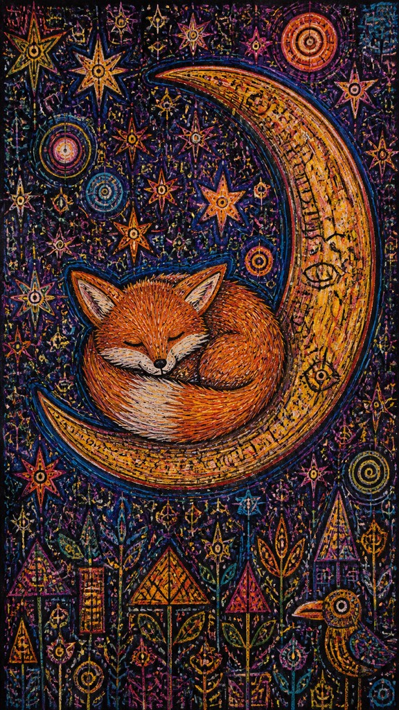 a sleeping baby fox curled on a crescent moon among soft stars, gentle and warm, no text