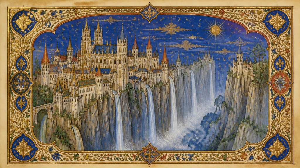 a cliffside city with waterfalls cascading into a misty canyon, wide establishing shot, no people, no text