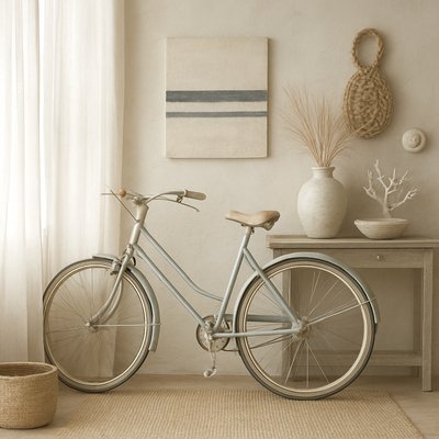 bicyle resting against a wall
