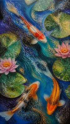 a koi pond with lily pads seen from above, no people