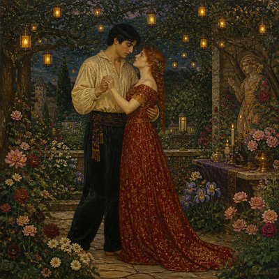 an original couple dancing under string lights in a garden at dusk: a man with short black hair in a linen shirt and a woman with braided red hair in a summer dress