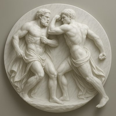 a sculpture of two men fighting each other