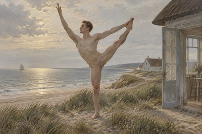 danish seacoast scene standing ignudi athlete  stretching leg and hand vertically yoga exercise outdoors