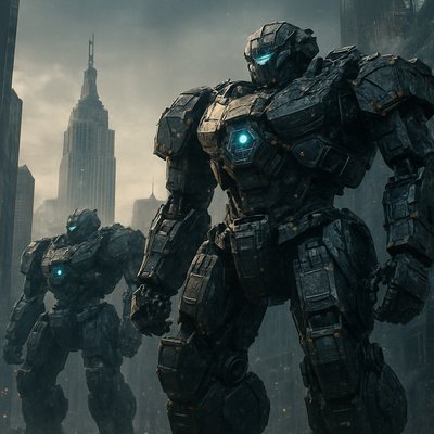 mecha robots patrolling new york city, manhattan