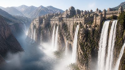 a cliffside city with waterfalls cascading into a misty canyon, wide establishing shot, no people, no text