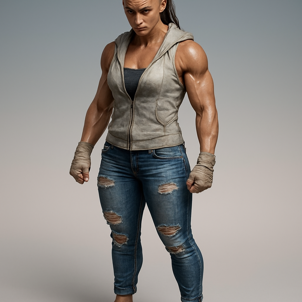 a woman in ripped jeans and a hoodie