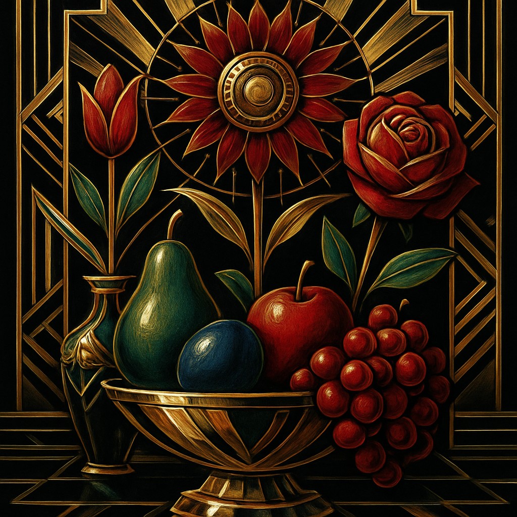 still life arrangement of fruits and flowers