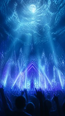 a live music scene with a glowing stage and silhouetted crowd, energetic vertical composition with open space at the top, no text