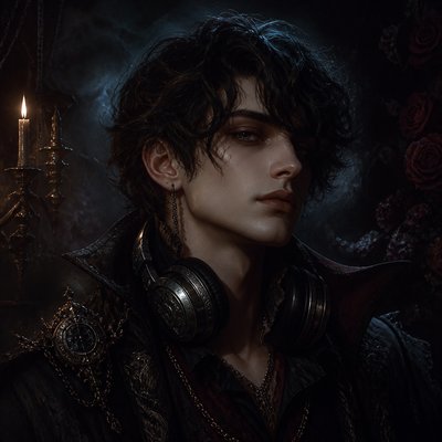 head-and-shoulders portrait of an original character: a young man with curly dark hair and headphones around his neck, plain backdrop, no text