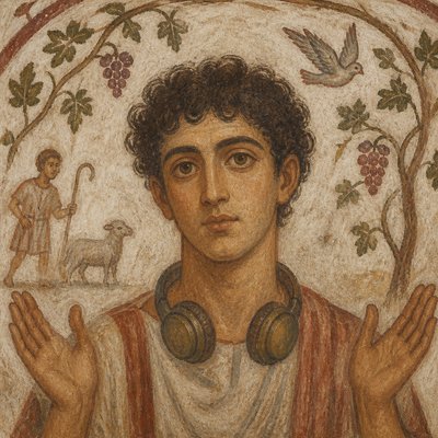 head-and-shoulders portrait of an original character: a young man with curly dark hair and headphones around his neck, plain backdrop, no text