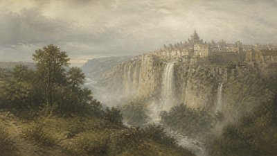 a cliffside city with waterfalls cascading into a misty canyon, wide establishing shot, no people, no text