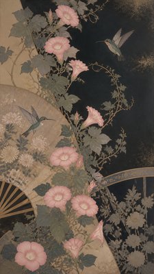 a climbing vine of flowers and hummingbirds on a dark background, tall wrapping composition, no text
