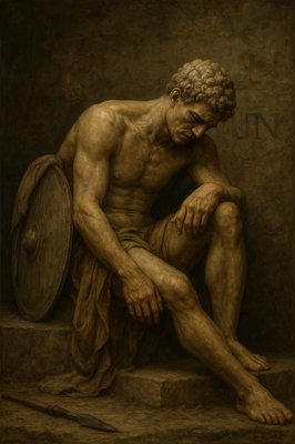 a painting of a man sitting on a step