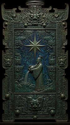 a robed figure pouring water beneath a large eight-pointed star in a night sky, symmetrical composition with an ornate decorative border, no text