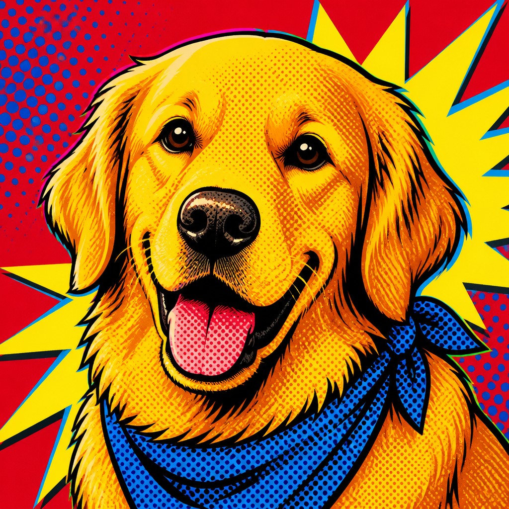 portrait of a golden retriever wearing a blue bandana, warm plain backdrop, no text
