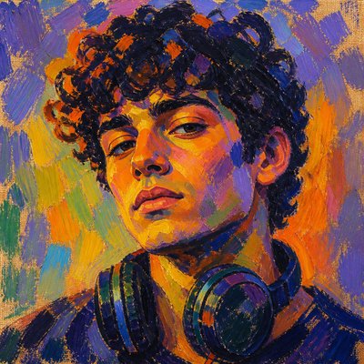 head-and-shoulders portrait of an original character: a young man with curly dark hair and headphones around his neck, plain backdrop, no text