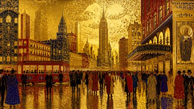 bustling city street panorama at dusk