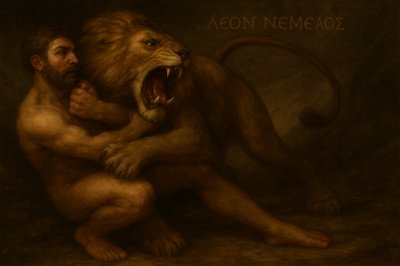 a painting of a man hugging a lion
