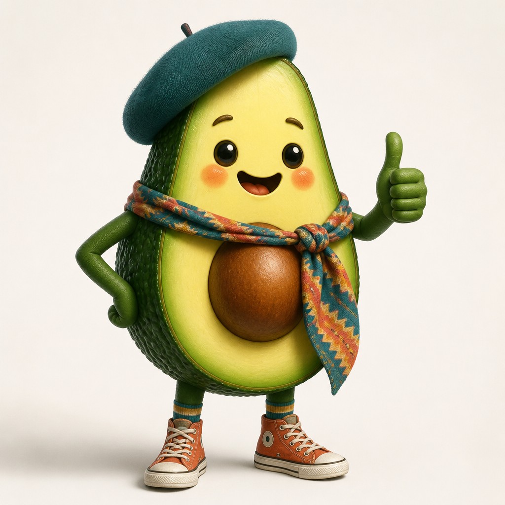 a happy avocado character giving a thumbs up, bold readable design on a plain background, no text