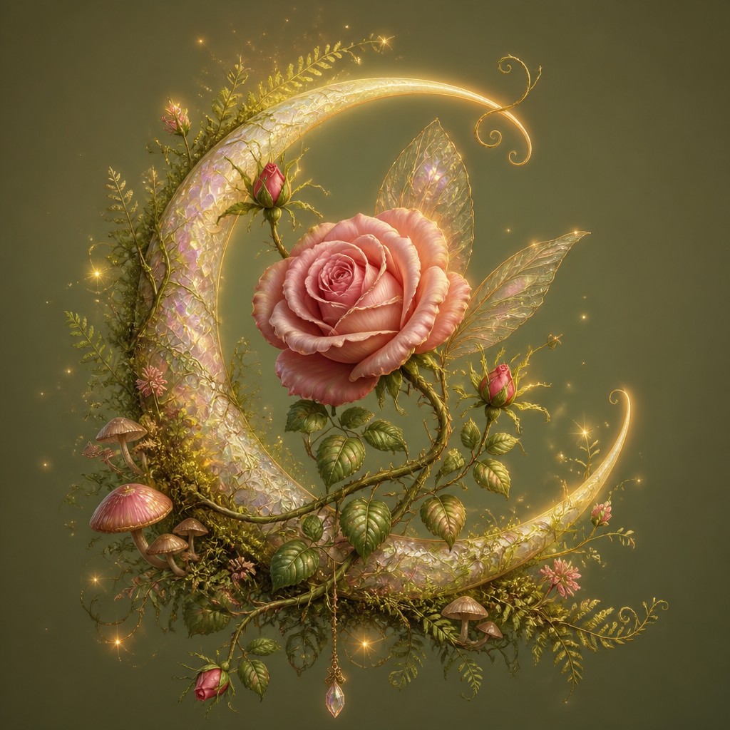 a rose entwined with a crescent moon, clean balanced composition on a plain background, no text