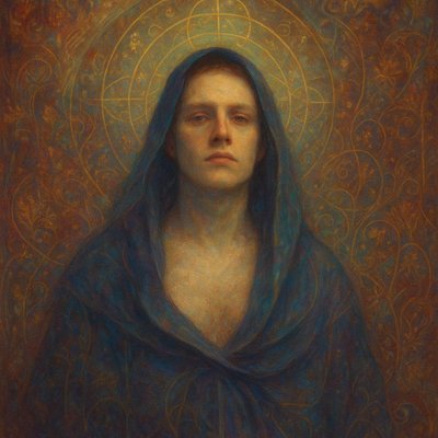 a painting of a woman wearing a blue shawl