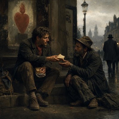 guy sharing half his sandwich with another guy