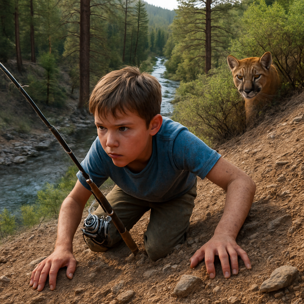 A young boy, no older than 12, is intensely focused on climbing a steep, rocky hillside in the San Juan National Forest, specifically along the Piedra River. He is scrambling upwards on his hands and knees. He is carrying a fishing rod held securely in one hand. The hill is covered in dry dirt and scattered small rocks with ponderosa pines and aspen trees in the landscape. Just ahead and slightly above him is a dense scrub oak). Behind this bush, the head of a cougar is visible, watching the boy. Far below, at the bottom of the hillside, a clear, meandering mountain stream (the Piedra River) sparkles under twilight. The atmosphere is quiet, tense, capturing the stark beauty of the remote Colorado wilderness.