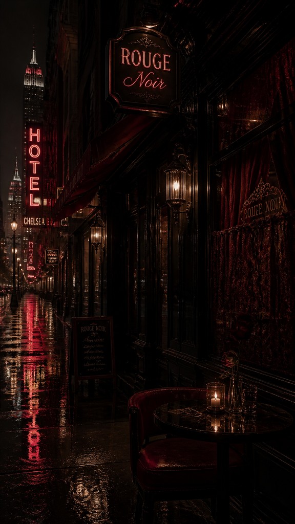a quiet rainy city street at night reflecting neon signs, no people