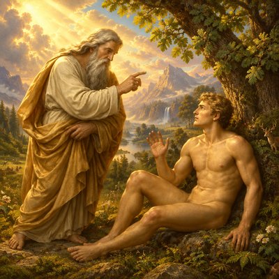 a painting of a man sitting next to a naked man