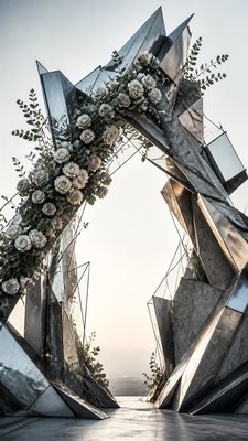 an arch of white roses and eucalyptus in soft morning light, elegant vertical composition with open space, no text
