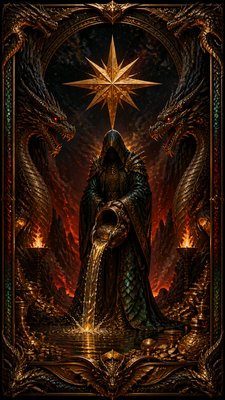 a robed figure pouring water beneath a large eight-pointed star in a night sky, symmetrical composition with an ornate decorative border, no text