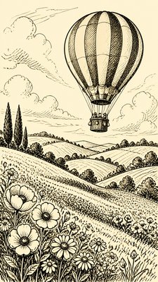 a hot air balloon drifting over rolling flower fields on a sunny day, cheerful, no text