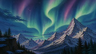 a flowing aurora over snowy peaks, wide sweeping composition, no people, no text