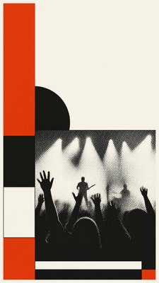 a live music scene with a glowing stage and silhouetted crowd, energetic vertical composition with open space at the top, no text