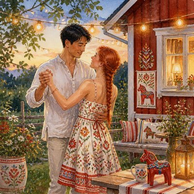 an original couple dancing under string lights in a garden at dusk: a man with short black hair in a linen shirt and a woman with braided red hair in a summer dress