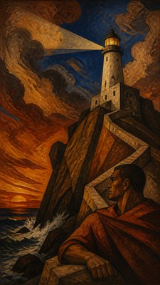 a lone lighthouse on a cliff at dusk under a dramatic sky, no text or lettering