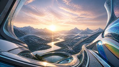 a vast valley with a river winding toward distant mountains at sunrise, no people, no text
